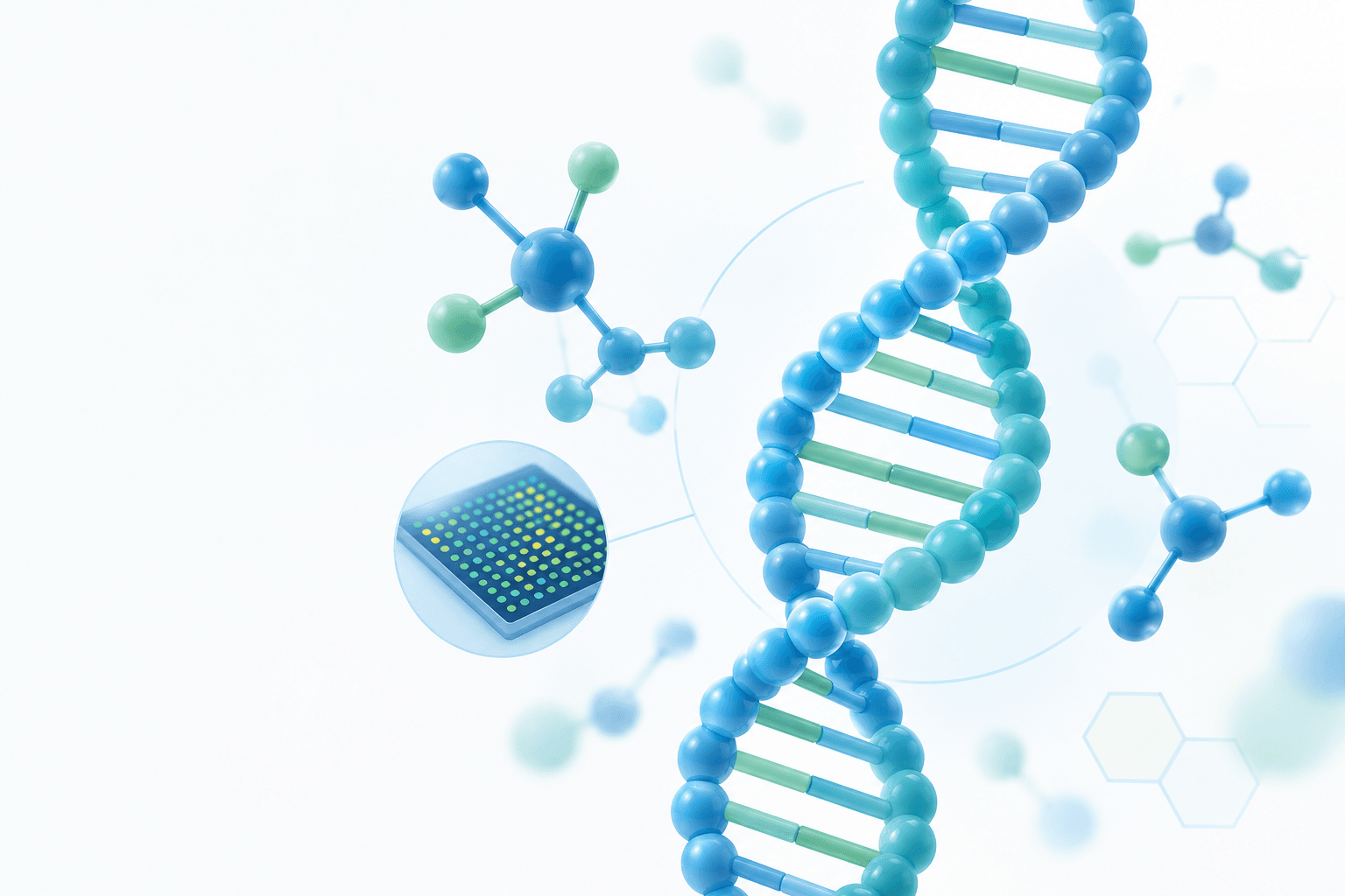 Illustration of a DNA double helix beside molecular structures and a genotyping microarray plate