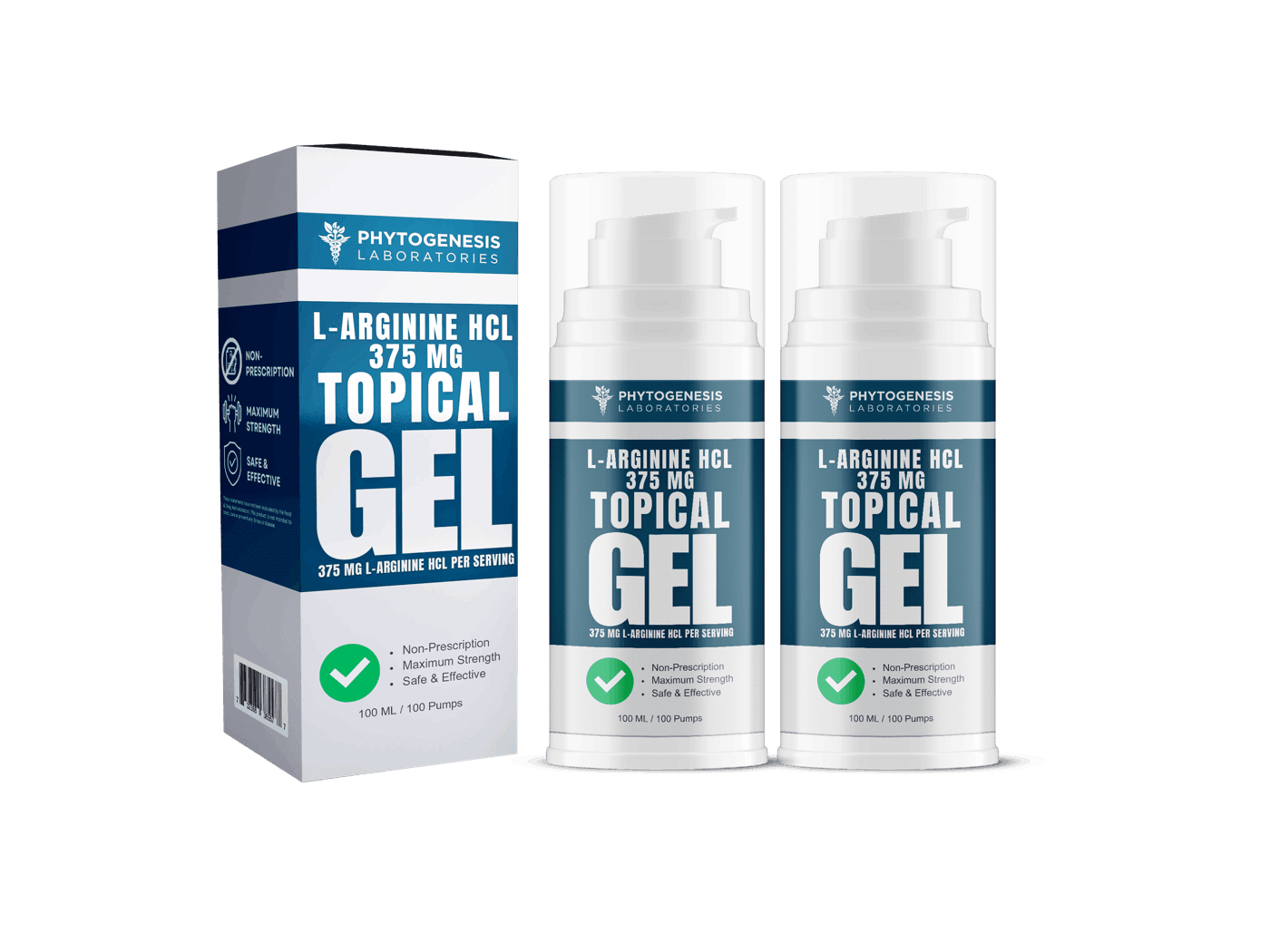 The L-Arginine Topical Gel two month supply, shown as two pump bottles beside their box.